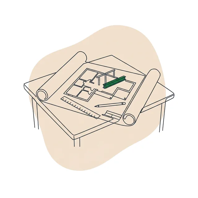 Plans de structure déroulés sur une table, une règle et un crayon posés dessus